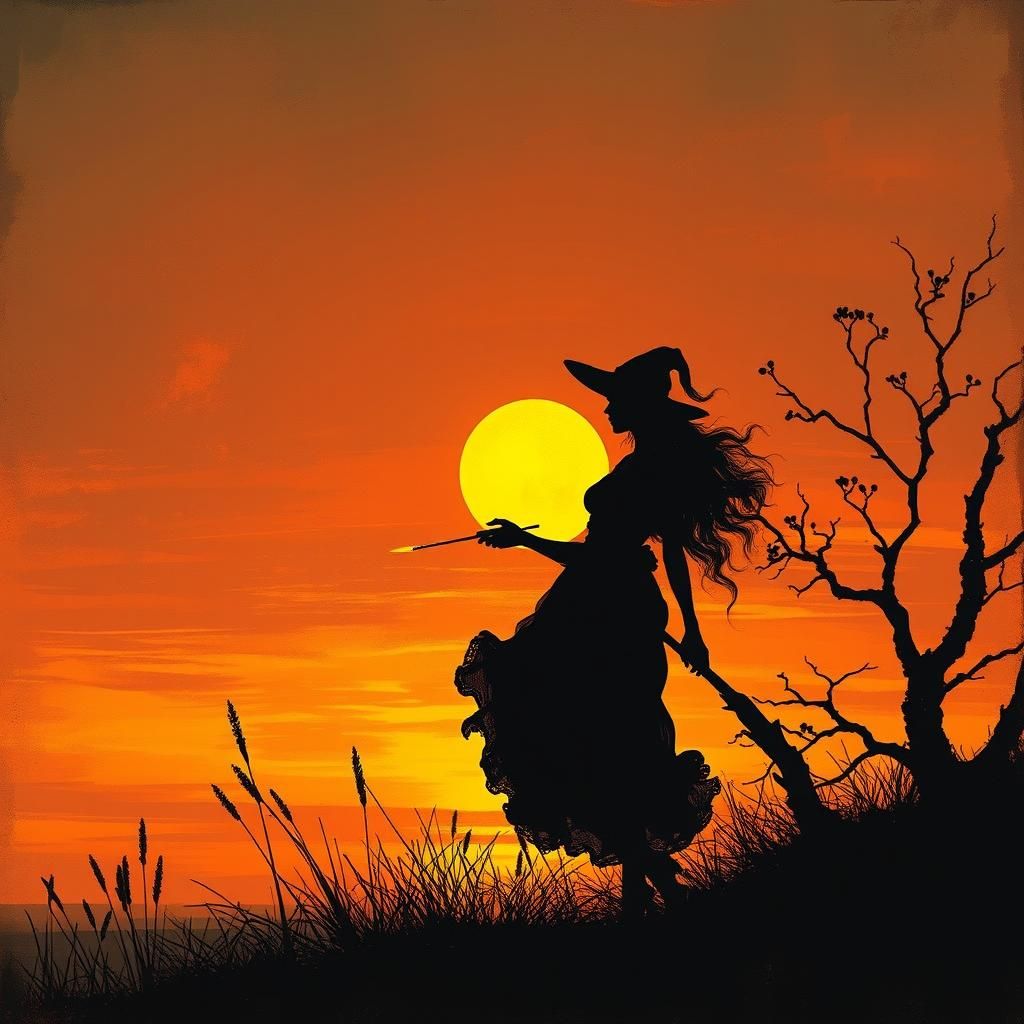 Vintage Sunset Witch Silhouette Illustration