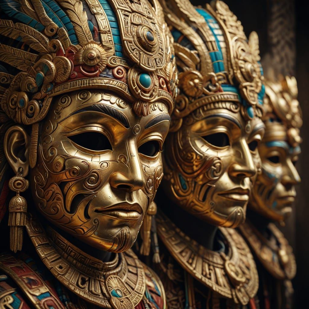 Ancient Peruvian Moche Golden Masks in Hyperrealistic Detail
