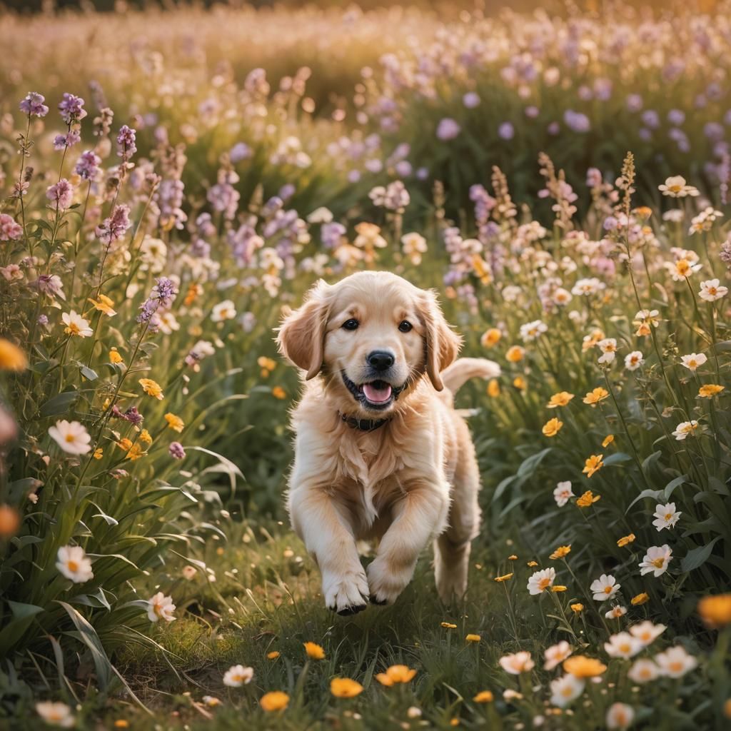 Golden Retriever Puppy in Flower Field: Bokeh Photography