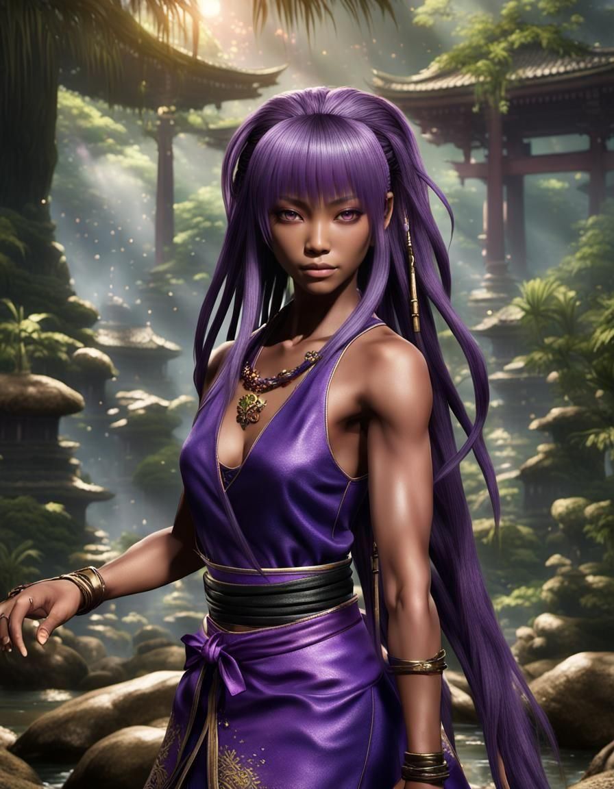 Ayane Portrait in Rainforest Temple, Hyperrealistic Illustra...