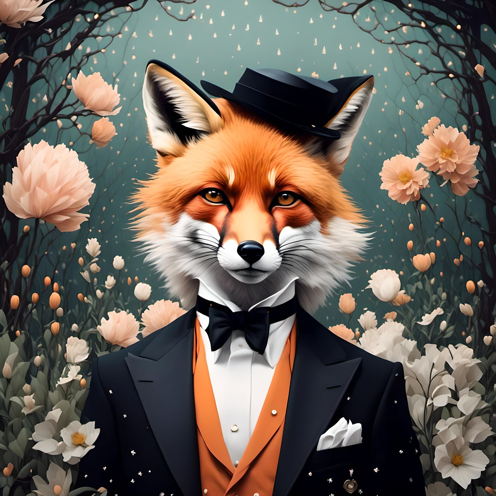 Fox Portrait in Moonlit Garden, Watercolor Illustration