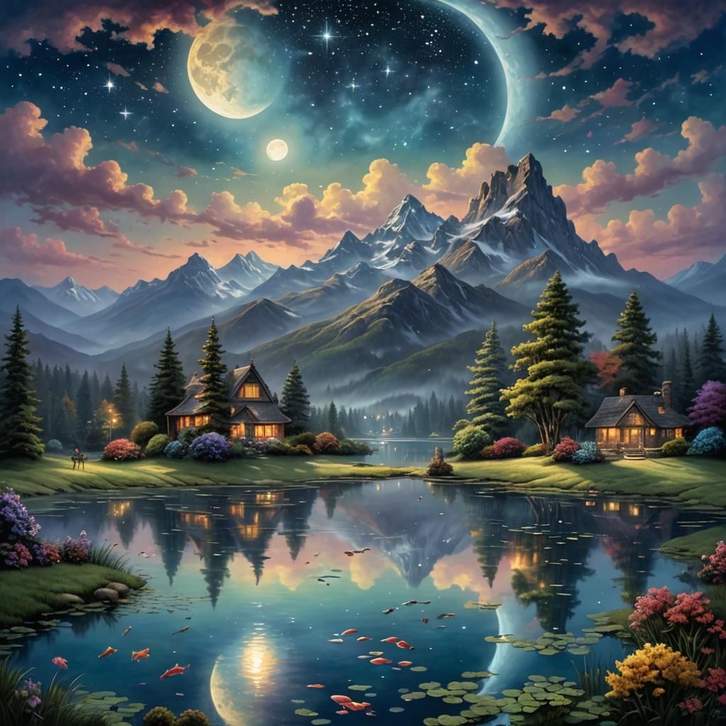 Ethereal Moonlit Pond Scene with Fish