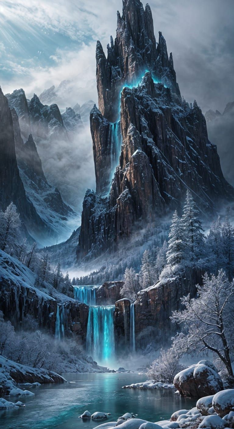 Fantasy Floating Islands Over Winter Mountain Range