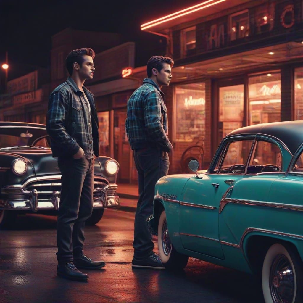 1950s Film Noir Illustration with Greaser and Plaid Man