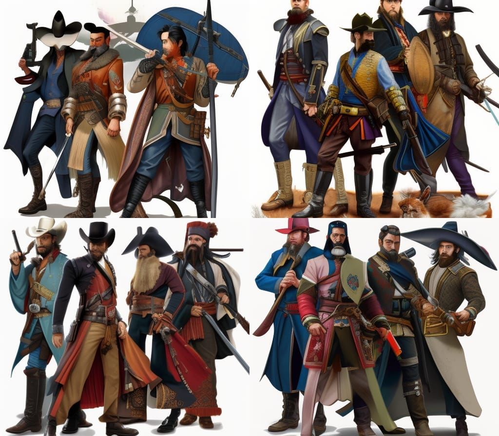 Victorian, Cowboy, Samurai, and Pirate Pencil Sketch