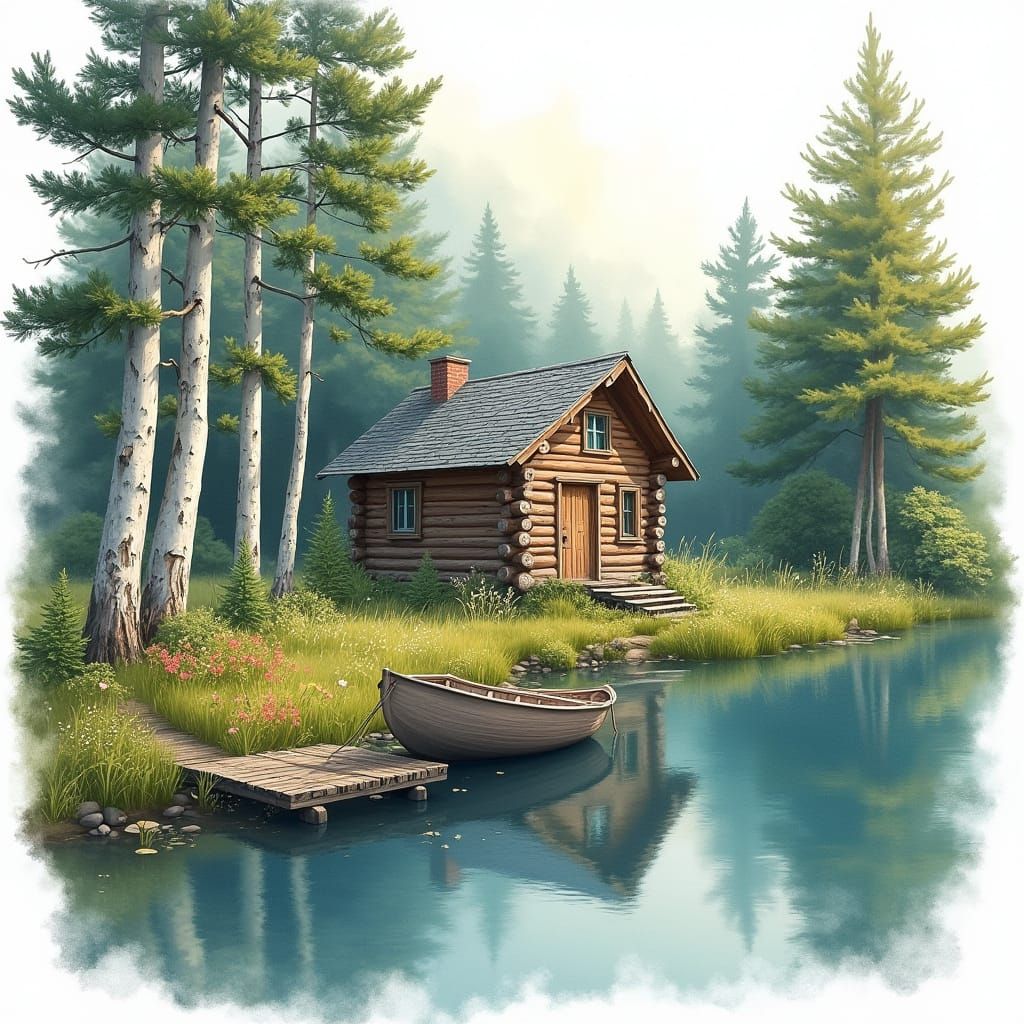 Watercolor Cabin by Lake with Pines and Flowers