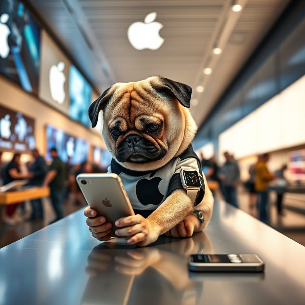 Cinematic Pug in Apple Store, West Edmonton Mall, Canada