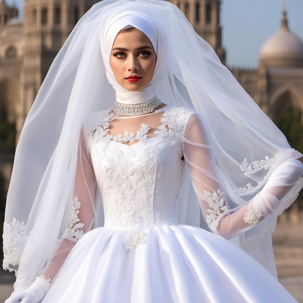 Extravagant White Gown with Hijab in Gothic Style