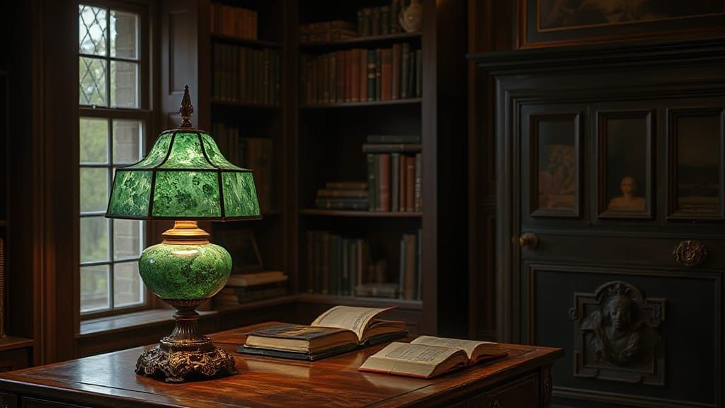 Antique Variscite Table Lamp in Castle Library