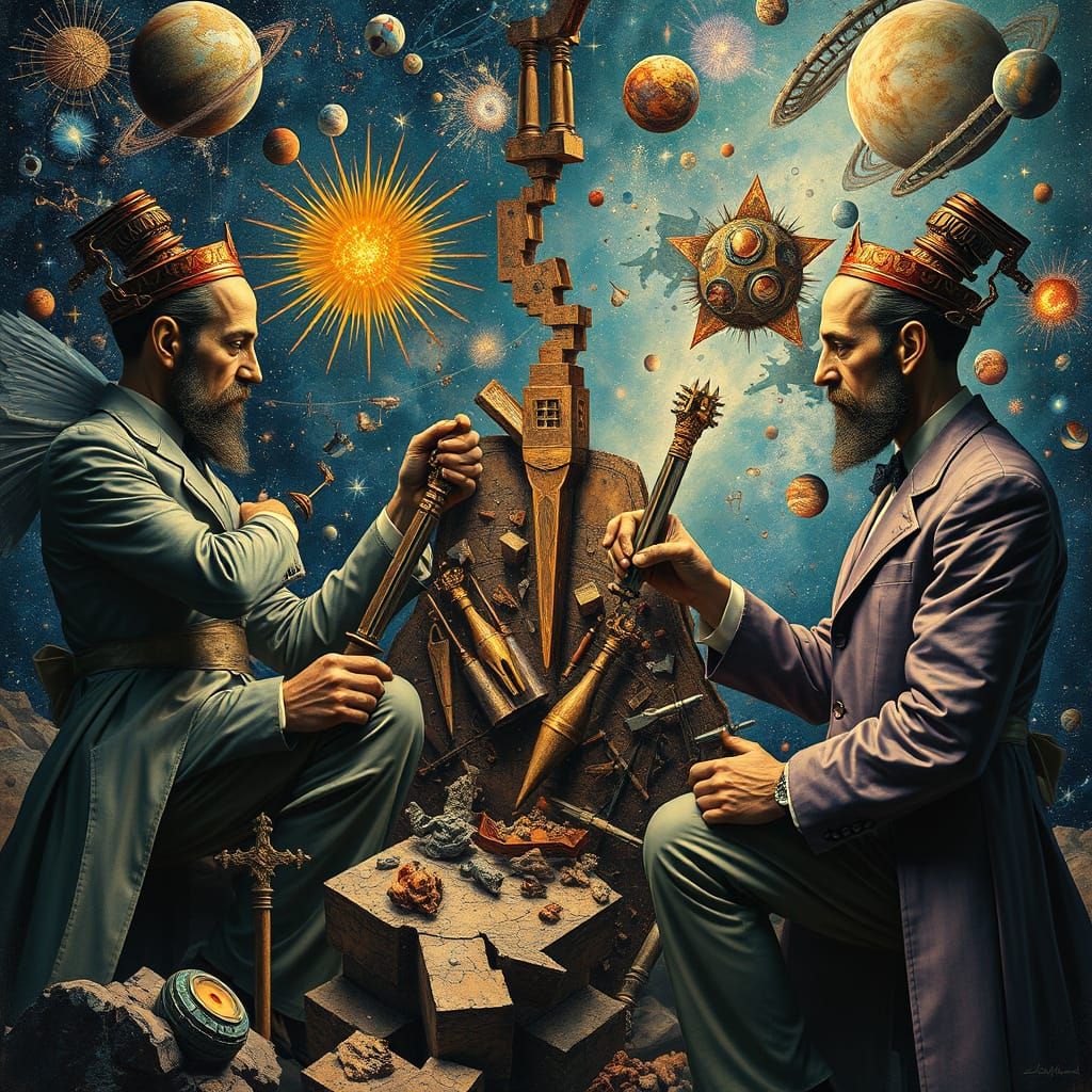 Surreal Men Repairing Fractured Universe in Dali-esque Style