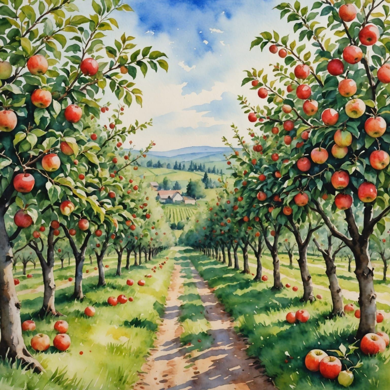 Vintage Apple Orchard in Watercolor