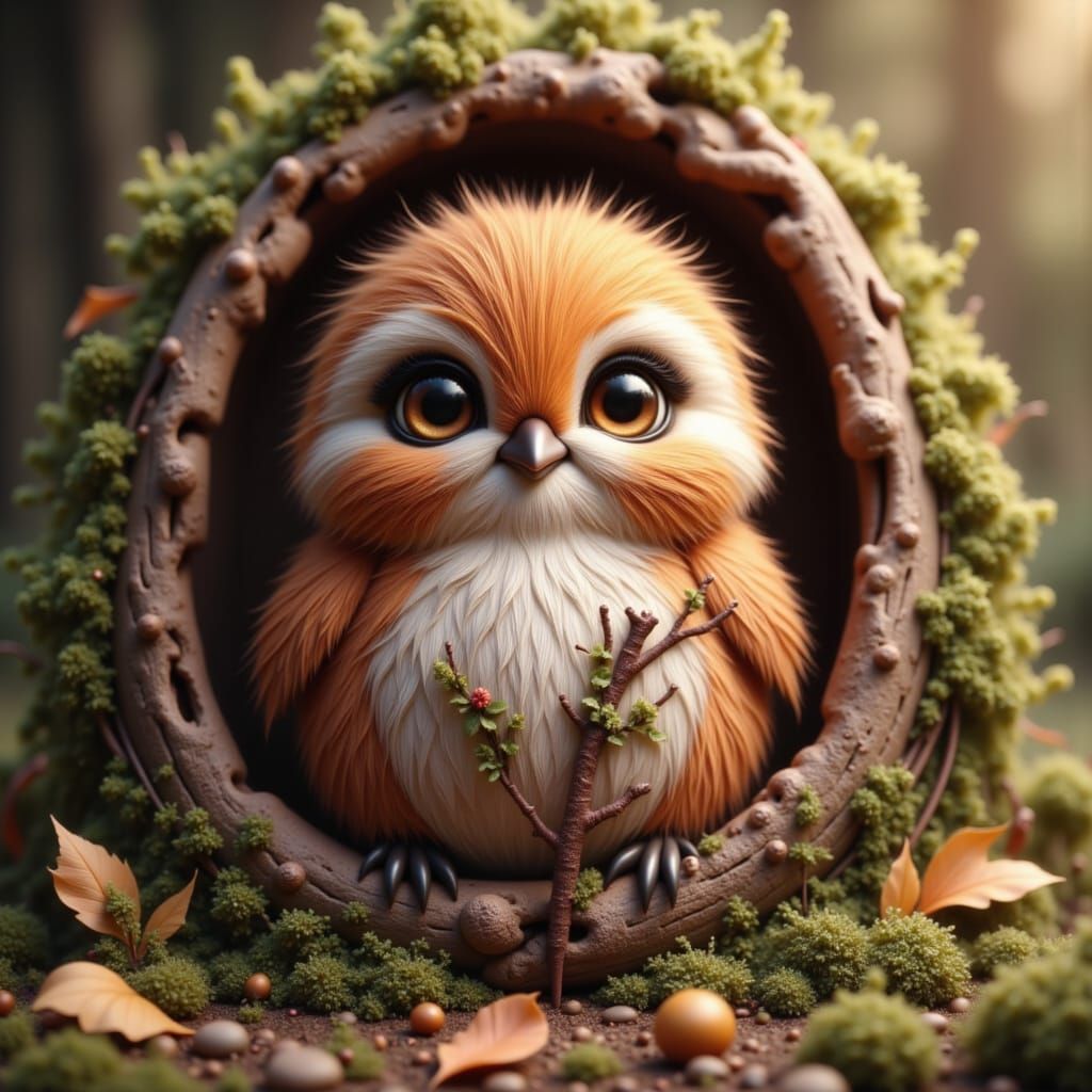 Whimsical Bird in Tree Stump as Surrealist Art