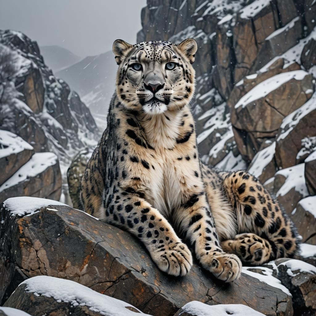 Snow Leopard Resting in Snowy Mountains