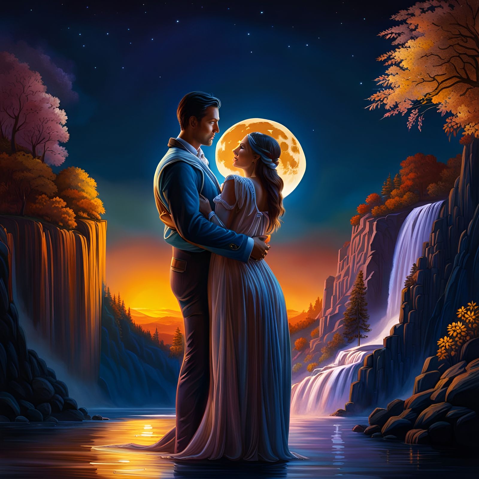 Romantic Embrace Under Moonlight: Golden Hour River Scene