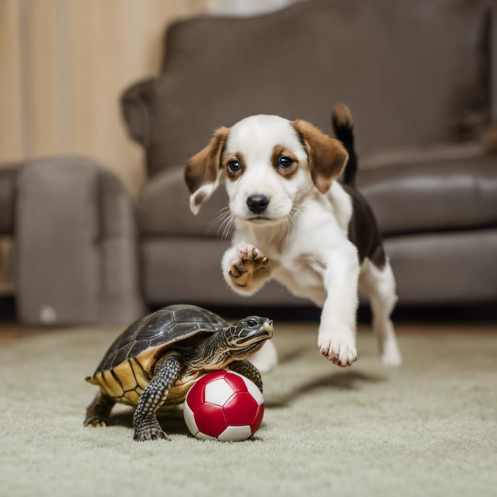 Puppy and Turtle Play Football, HDR