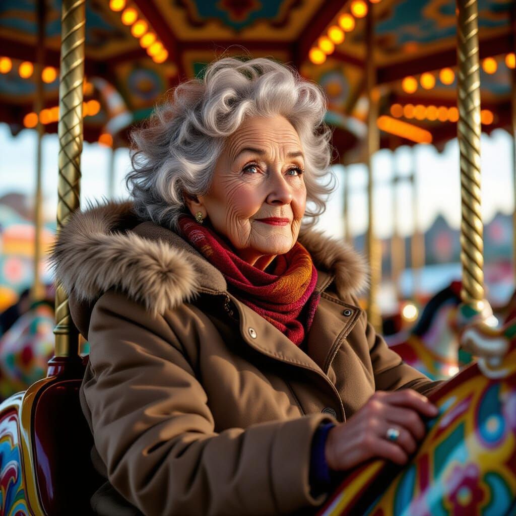 Joyful Senior on Carousel: Hyperrealistic Digital Painting