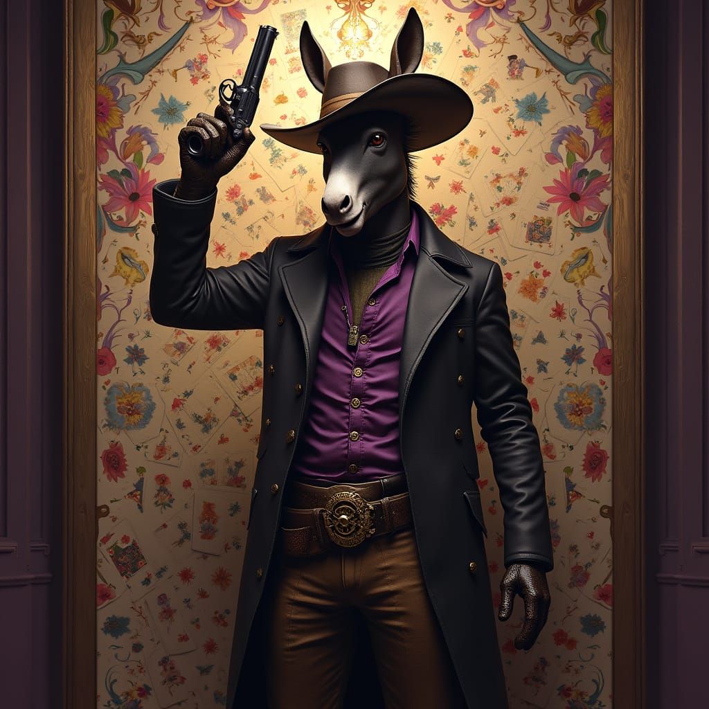 Donkey-Headed Man in Western Scene, Art Nouveau Style