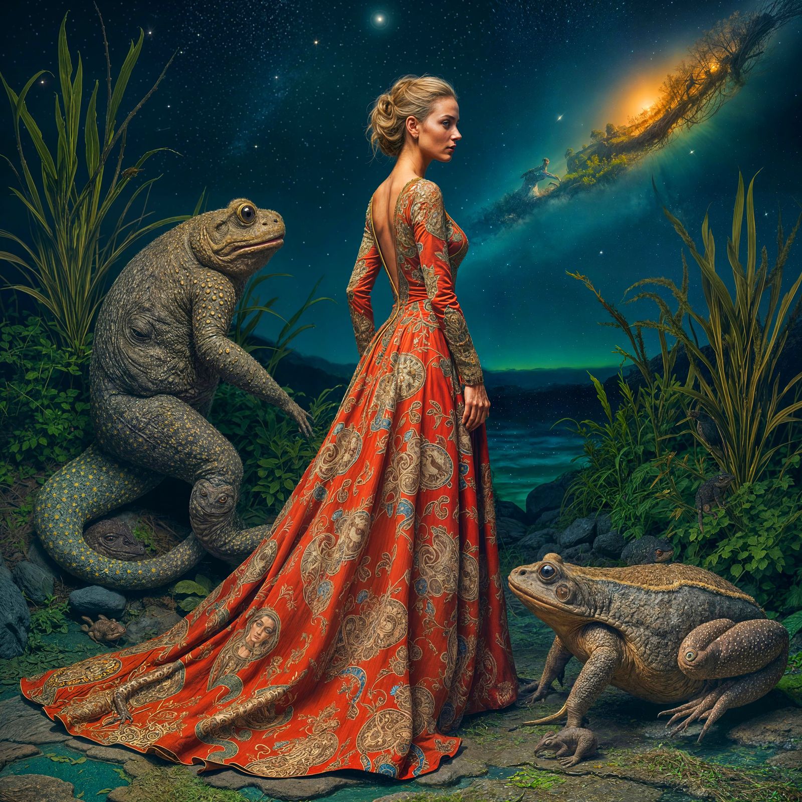 Woman in Lavish Gown with Mythical Creatures