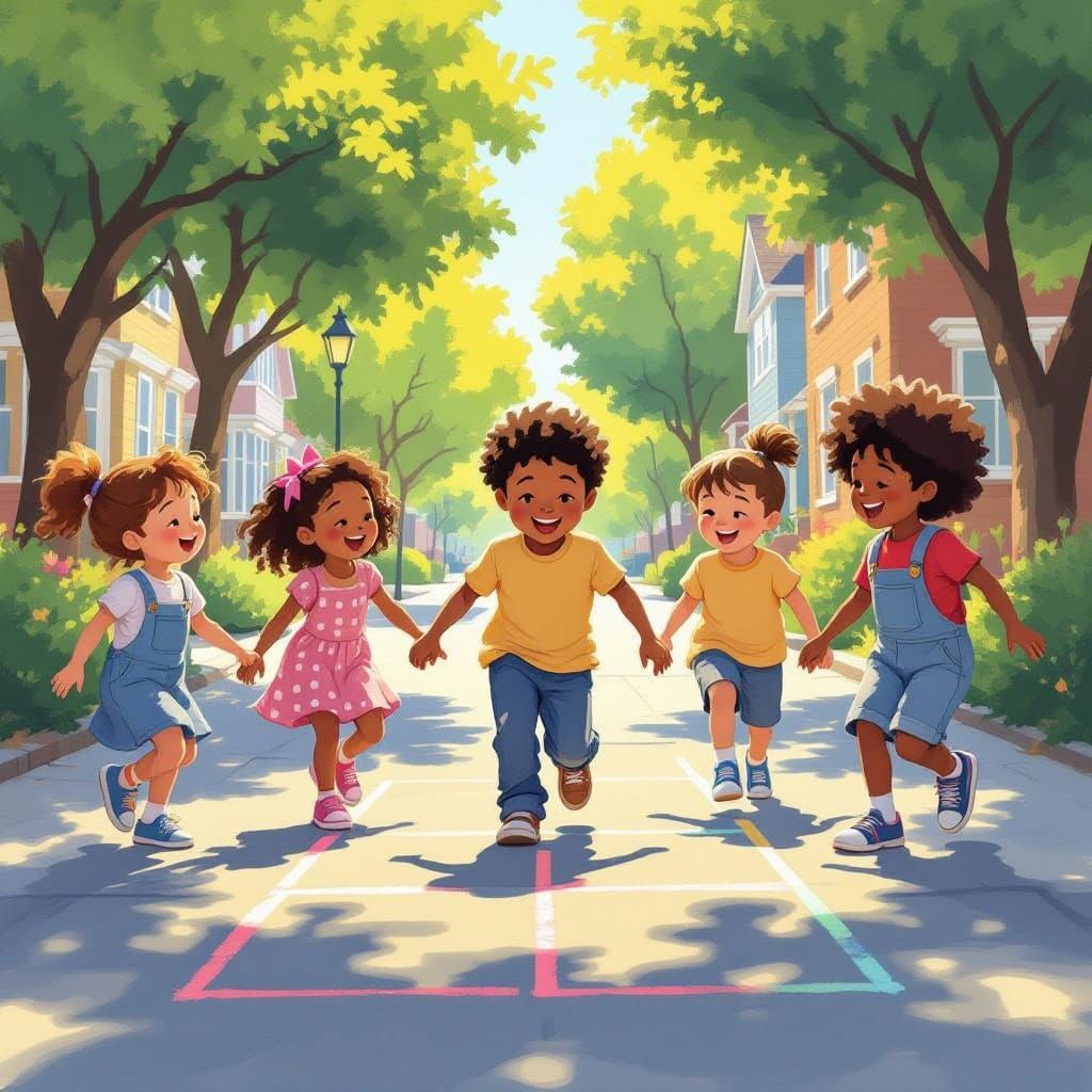 Diverse Children Joyfully Playing Hopscotch