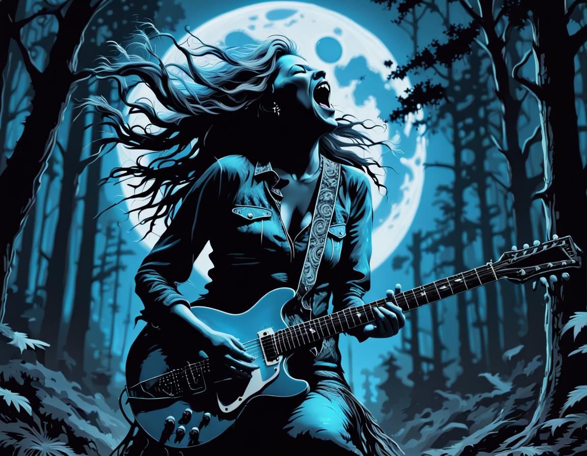 Neon Blue Moon Silhouette in Dark Forest