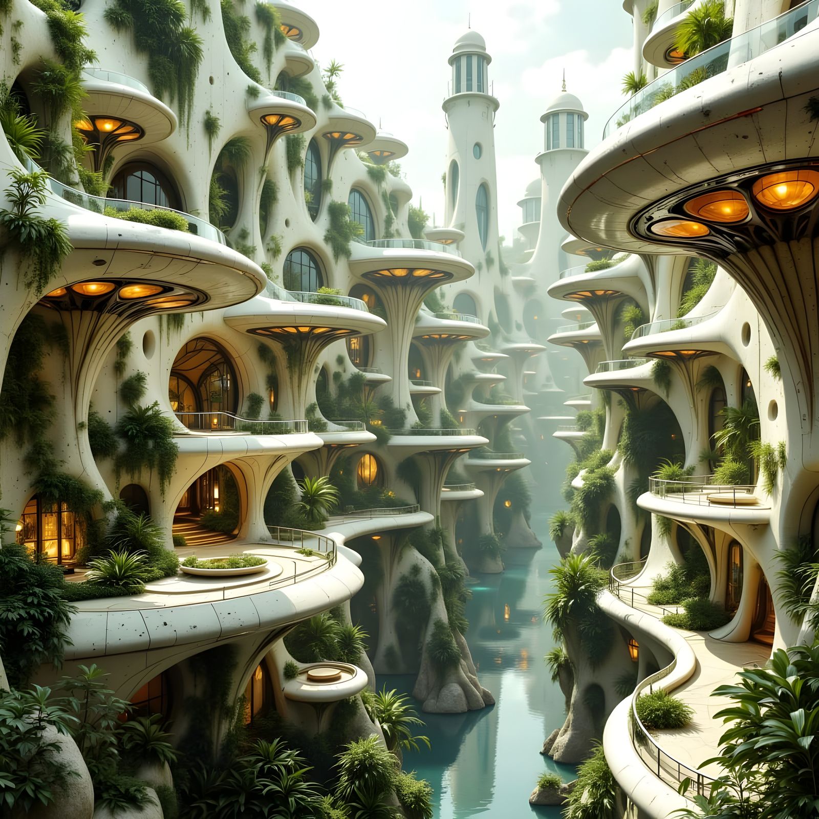 Sleek Futuristic Ecovillage with Lush Gardens and Solar Pane...