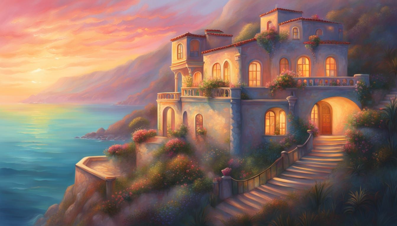Enchanting Mediterranean Villa at Misty Sunrise Oil Painting