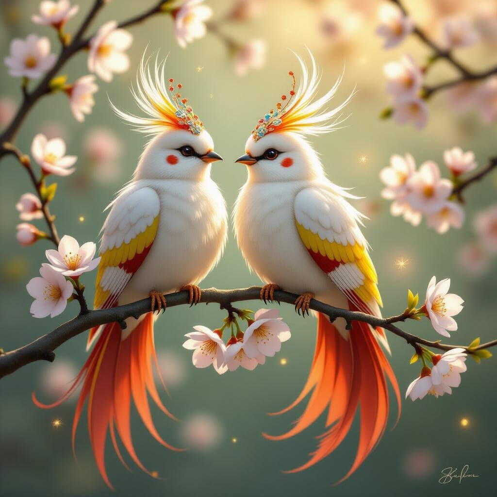 Enchanting Fantasy Birds on Cherry Blossom Branch