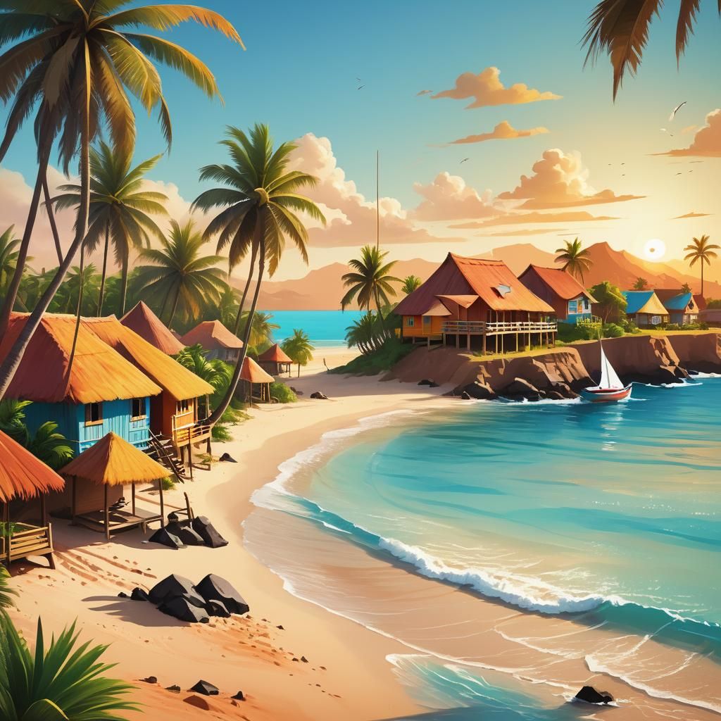 Tropical Beach Scene in Cabo Verde: Vibrant Illustration