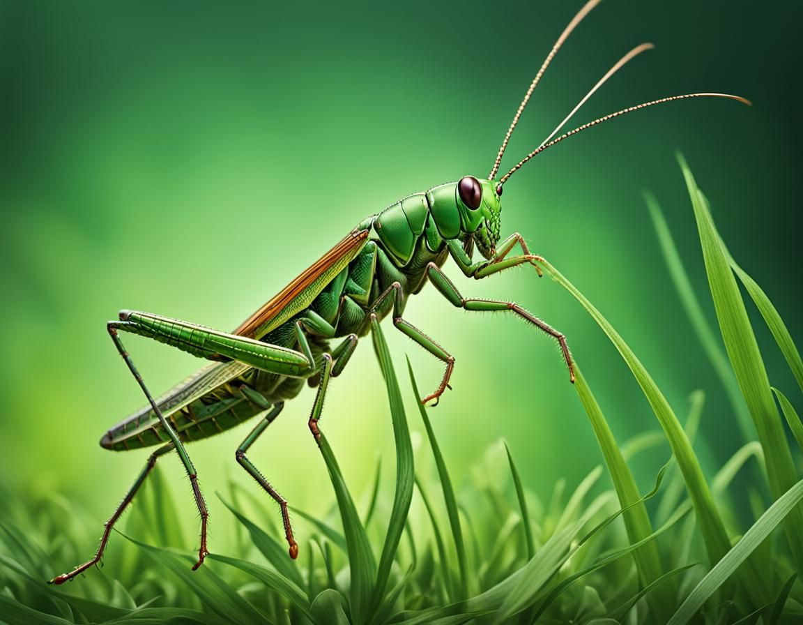 Green Grasshopper Leaping, Macro Photorealism