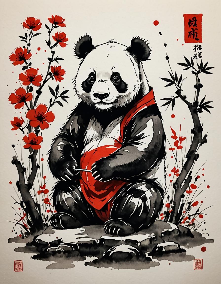 Panda in Chinese Style: Black and Red Ink Sketch