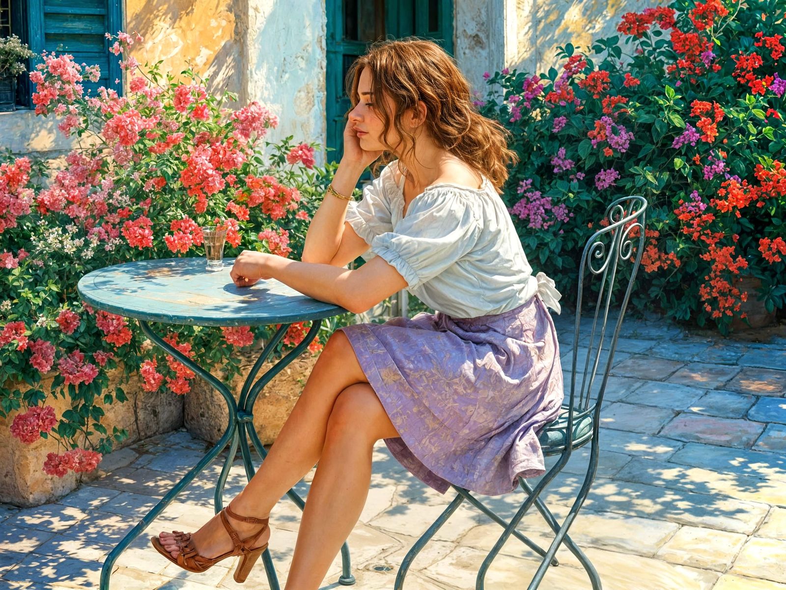 Woman in Flower-Filled Courtyard: Impressionist Digital Pain...