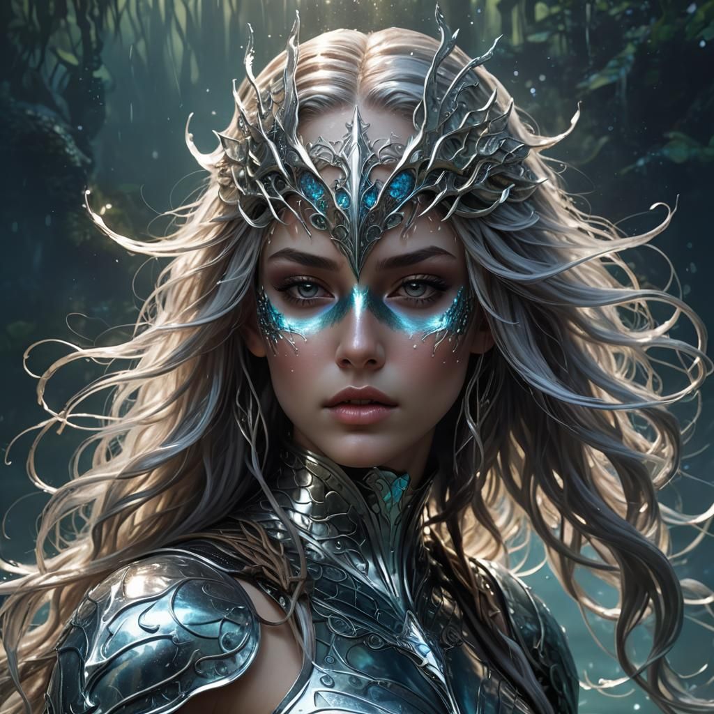Aquatic Warrior Woman in Ethereal Underwater Ruins