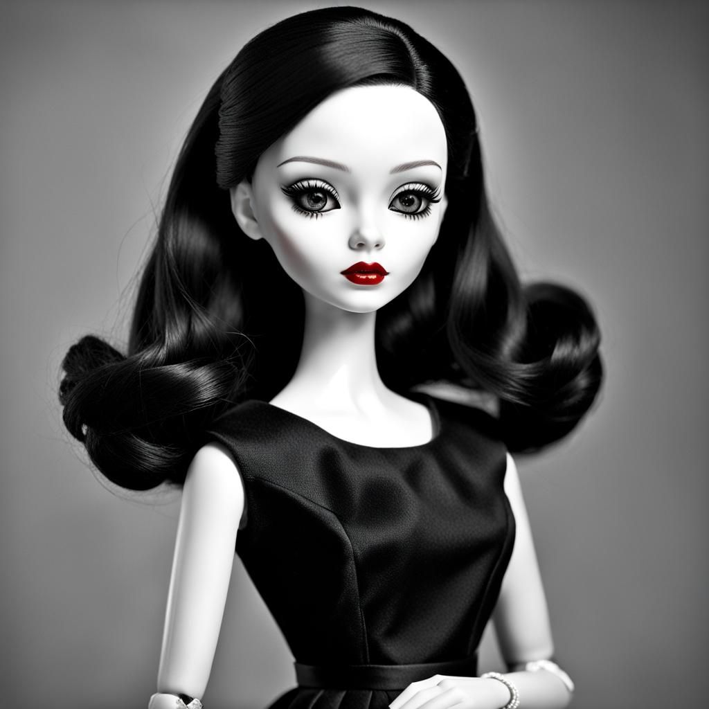 Chic Monochrome Doll in Film Noir Style