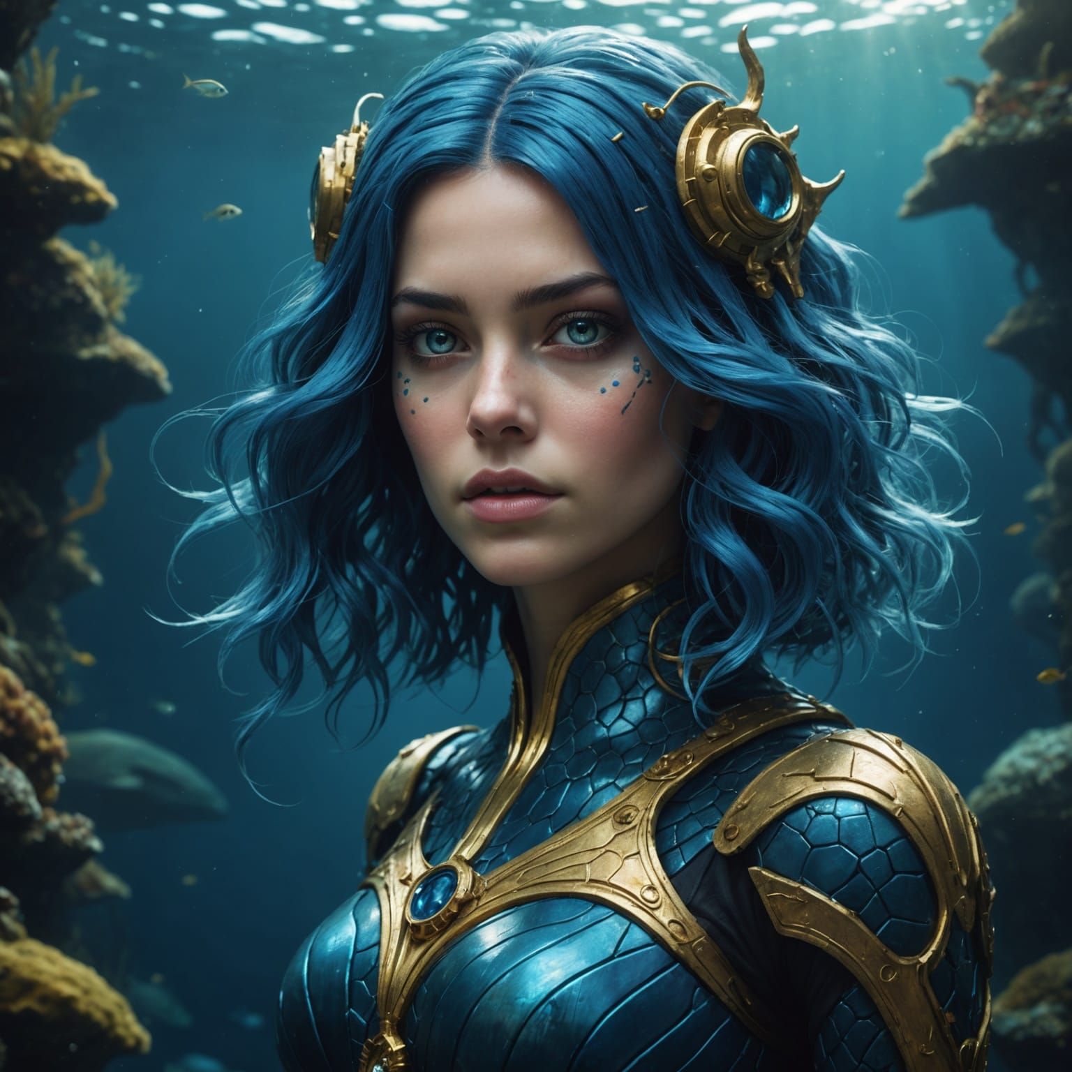 Mariana Trench Creature with Ultramarine Hair in Fantasy Art