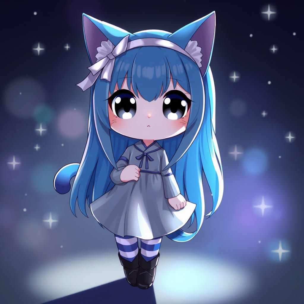 Moody Anime Catgirl in Azure Attire