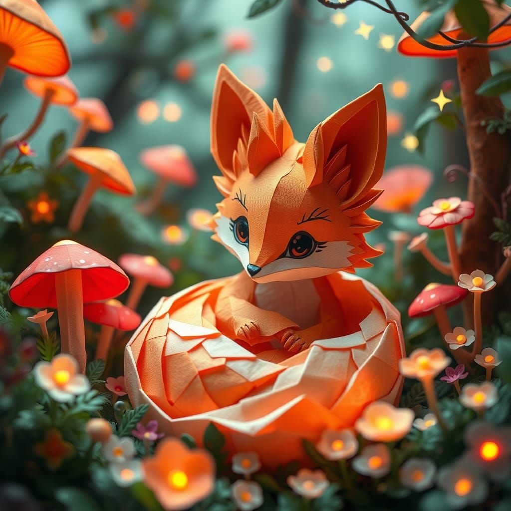 Origami Fox in Enchanted Forest, Dreamy 8K Render