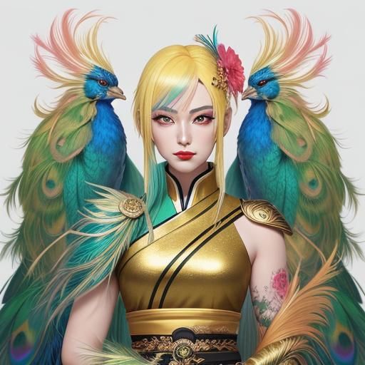 Anime Woman with Dragon Peacock in 3D Art