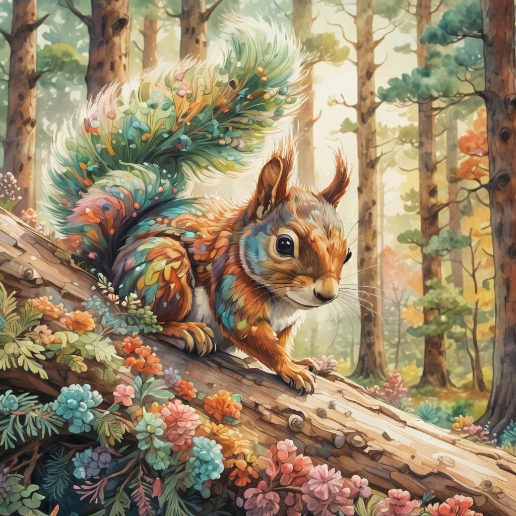 Whimsical Squirrel Pine Trees in Fantasy Landscape
