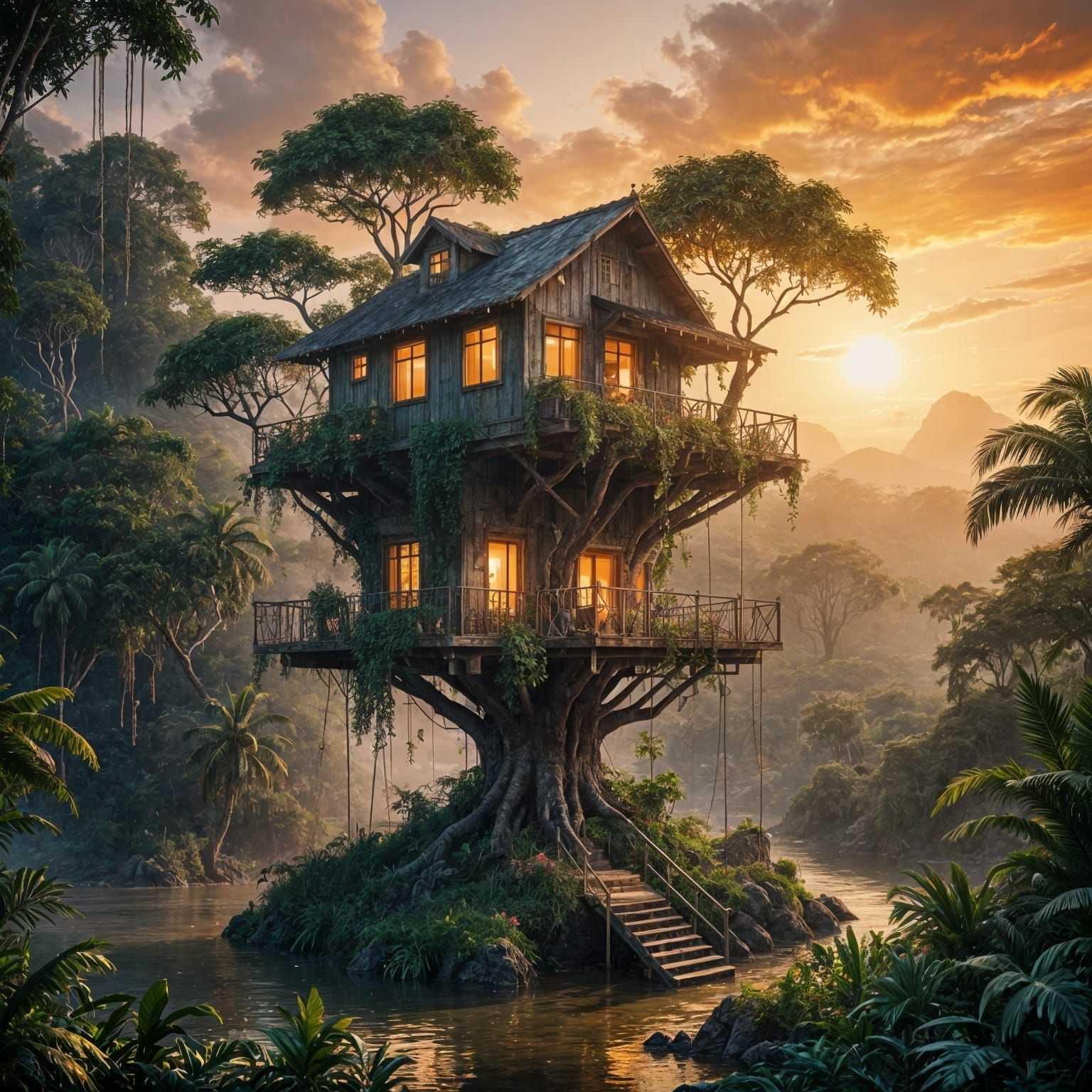 Island Jungle Sunset with Towering Treehouse