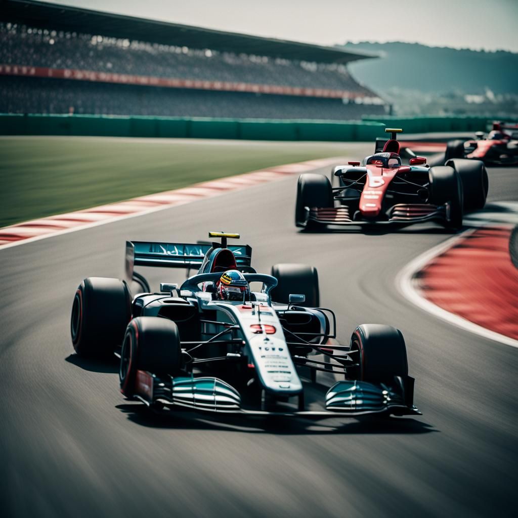 Formula 1 Car Overtaking on Curve: Cinematic Still