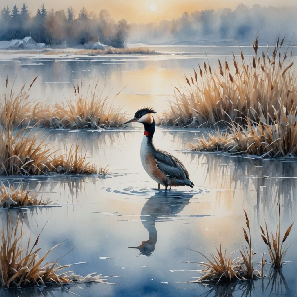 Great Crested Grebe in Frozen Landscape Watercolor
