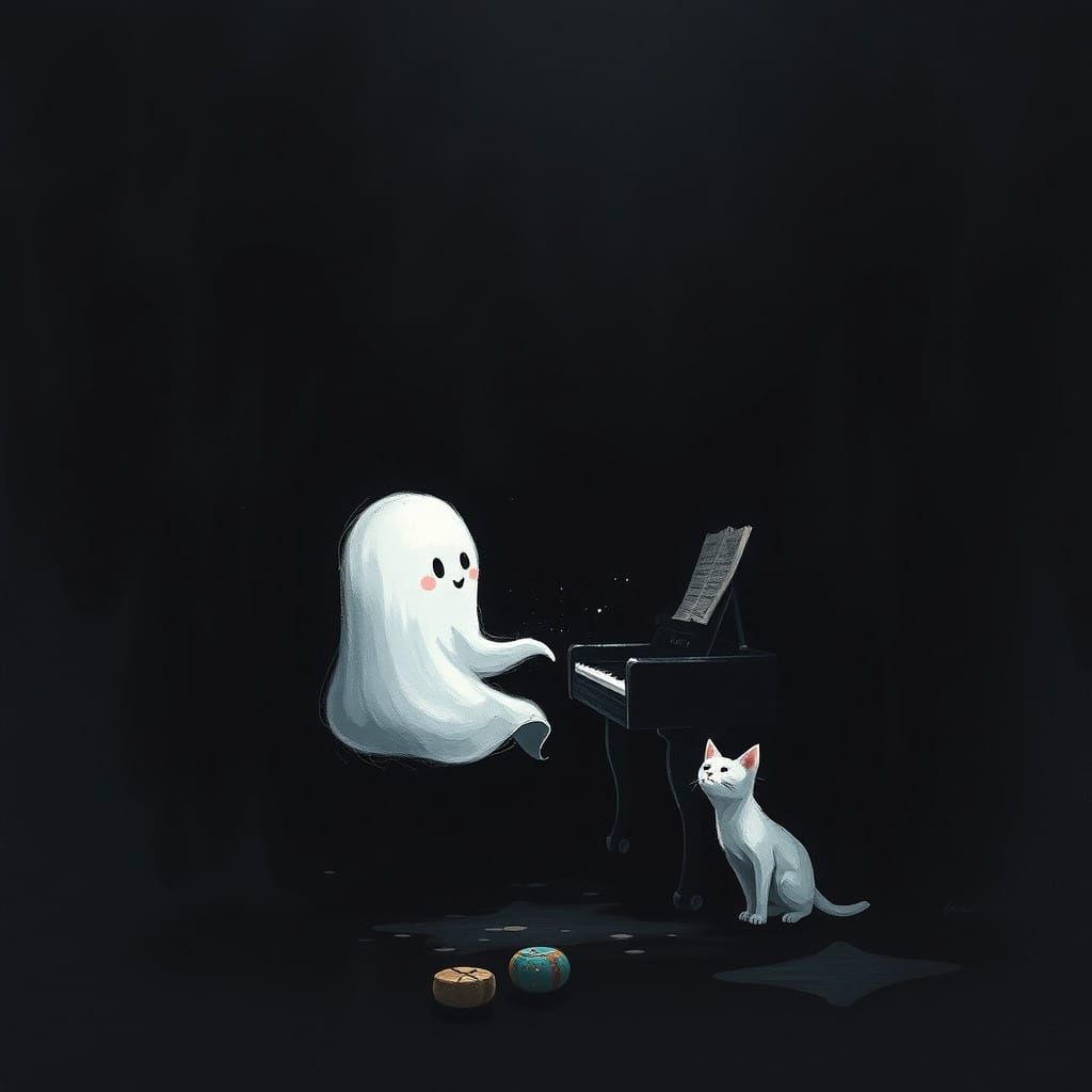Cute White Ghost Plays Piano in a Dark Room