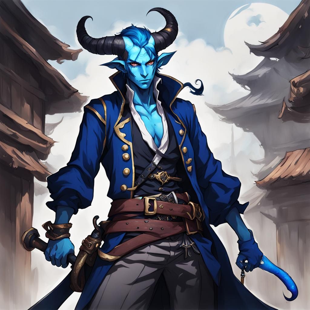 Blue Tiefling Pirate in Anime Style
