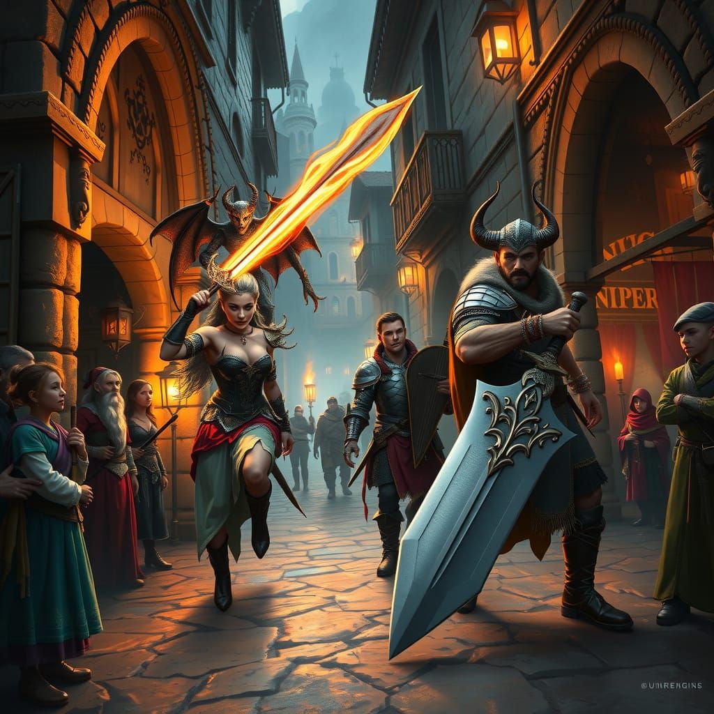 Fantasy Adventurers Burst from Alleyway into City