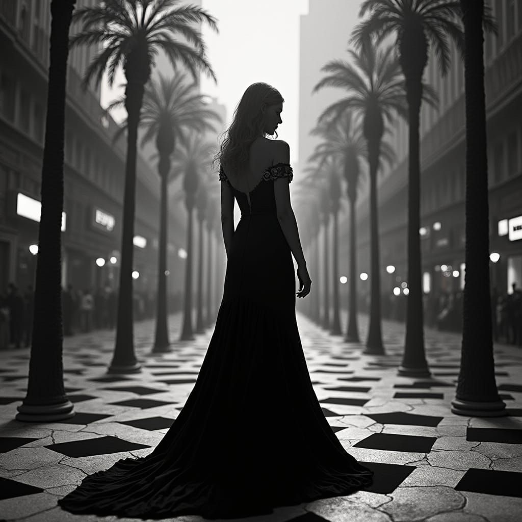 Escher-Inspired Woman in Black Dress on City Blvd