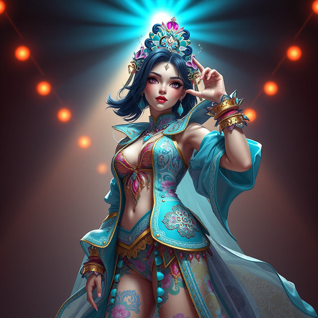 Vibrant Woman in Elaborate Outfit, Anime-Inspired Style