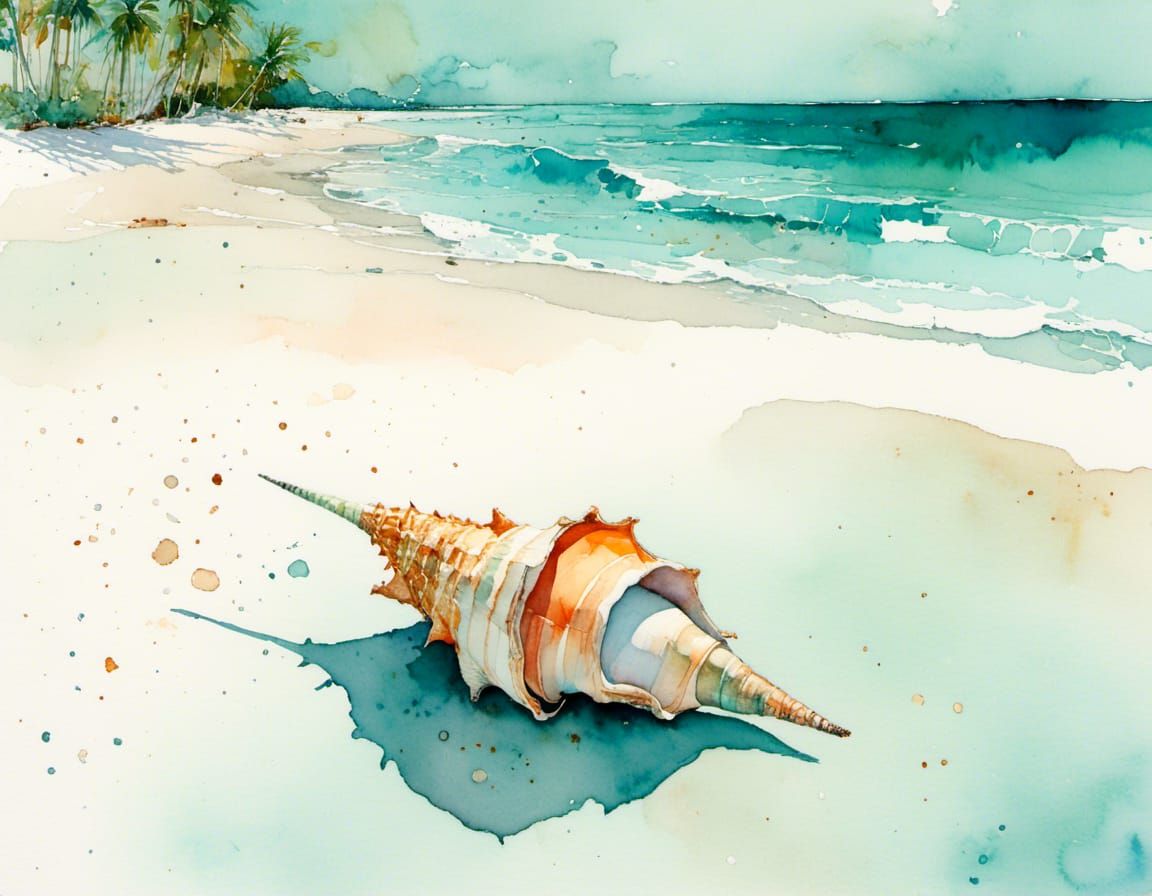 Conch Shell on Beach in Dreamy Watercolor Style