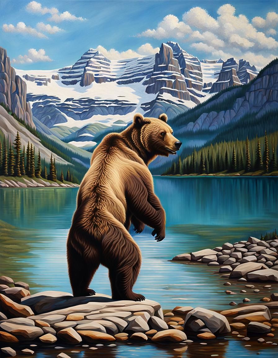 Grizzly Bear at Lake Louise: Photorealistic Oil Painting