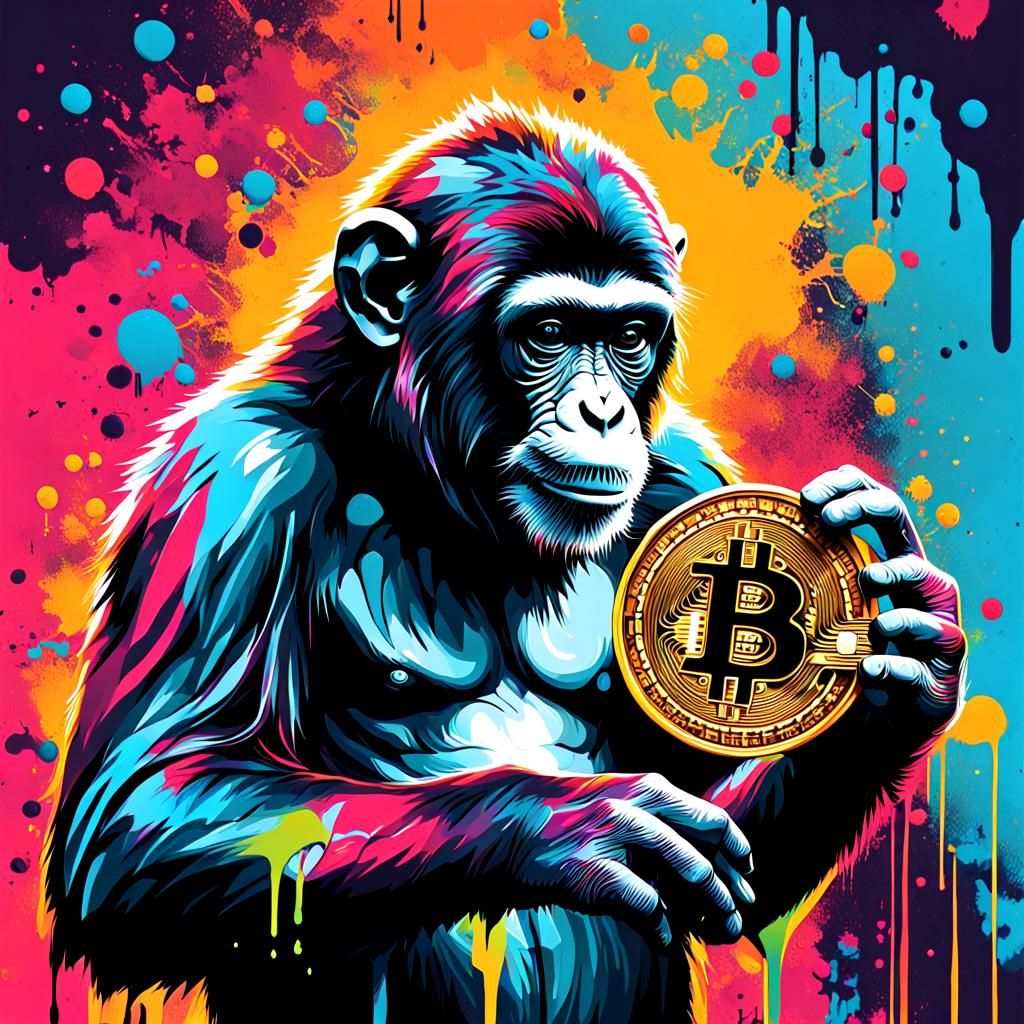 Monkey Gazing at Bitcoin in Graffiti Art Style