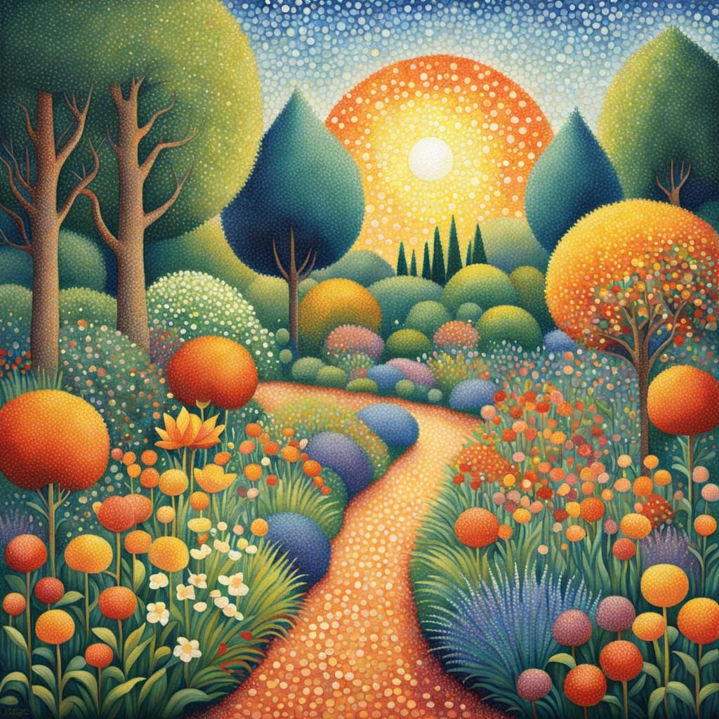 Vibrant Garden in Pointillist Style